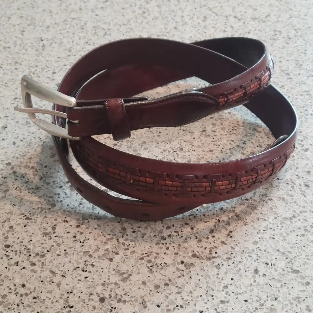 Brighton Mens Wooden Bead Genuine Leather Brown Braided Belt Silver Buckle✨️44